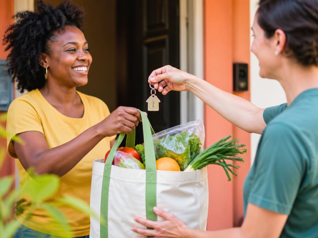 Hands exchanging house keys and groceries as a symbol of housing and food support